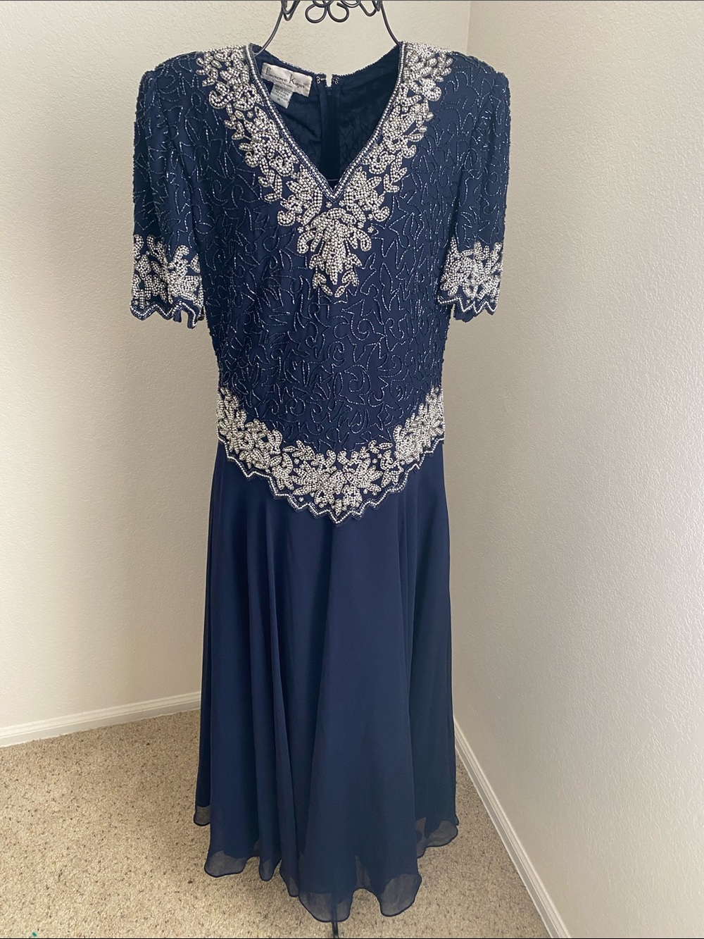 Laurence Kazar Navy Midi Dress with Silver and Navy Beads